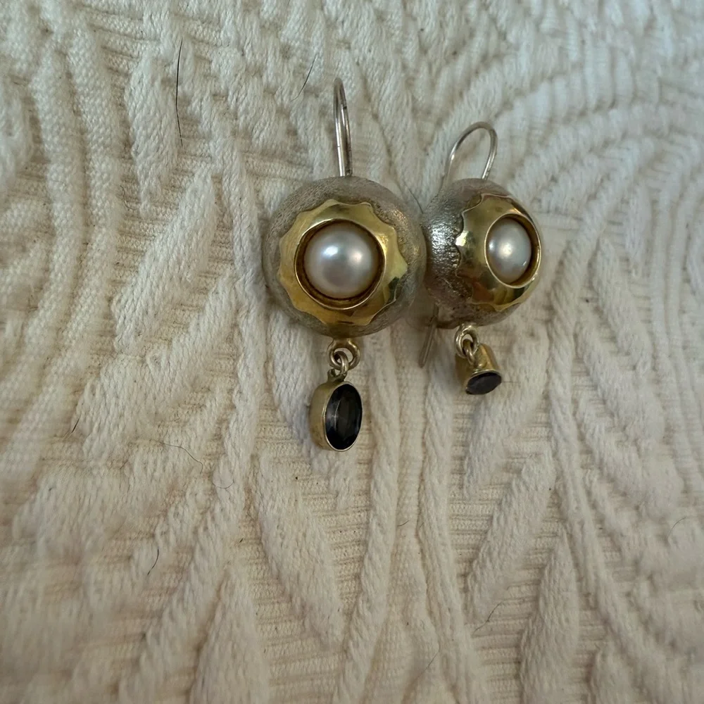 Gold and Silver Pearl Drop Earrings - Picture 2 of 6